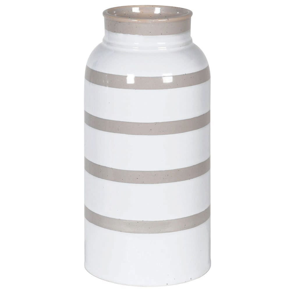 Beige and White Block Stripe Ceramic Vase